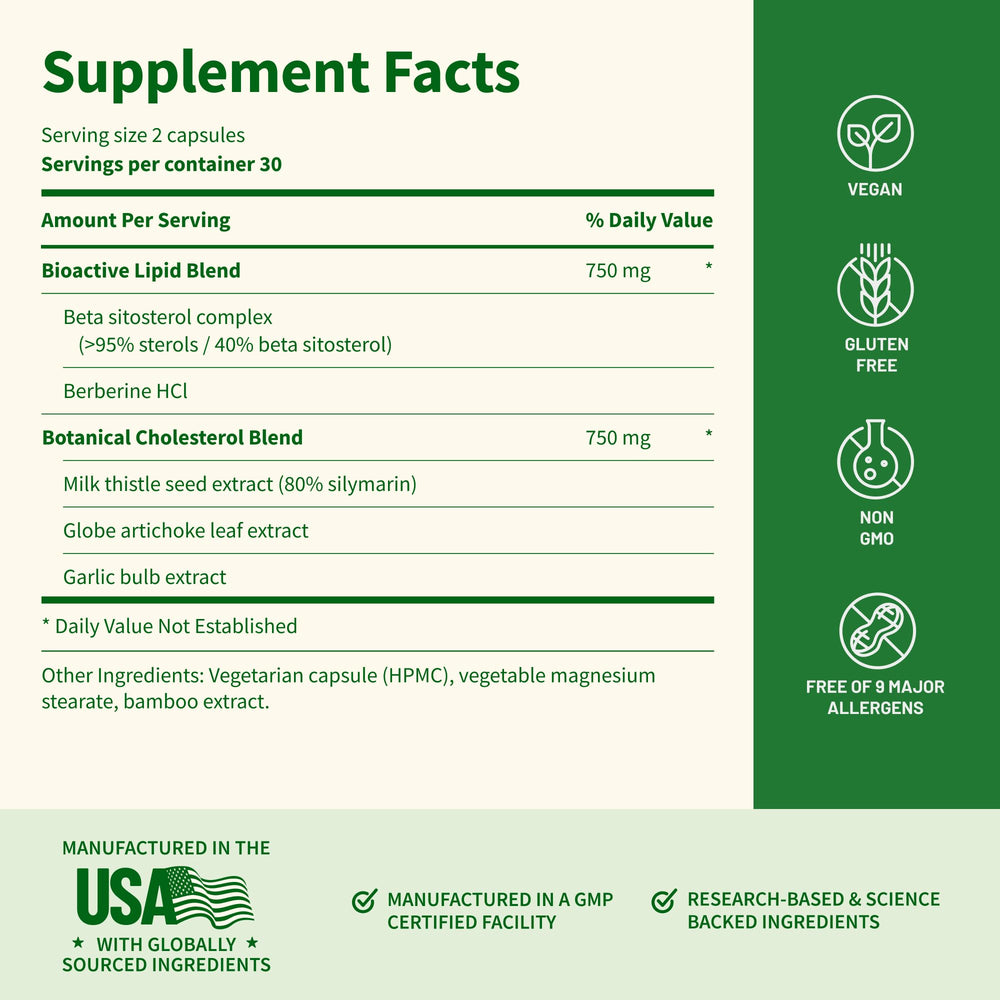Snap Supplements Cholesterol Health ingredients label exposes a plant-powered blend.