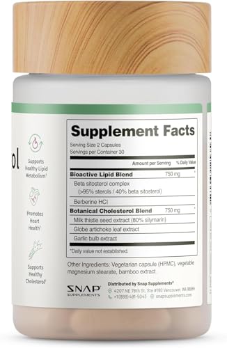 Snap Supplements Cholesterol Health packaging showcases a plant-based, non-GMO formulation.