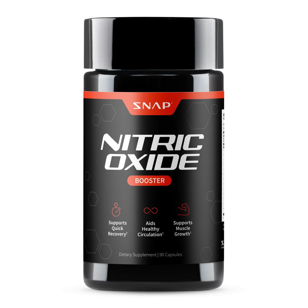 Snap Supplements Nitric Oxide bottle front view emphasizes energy support and circulation.