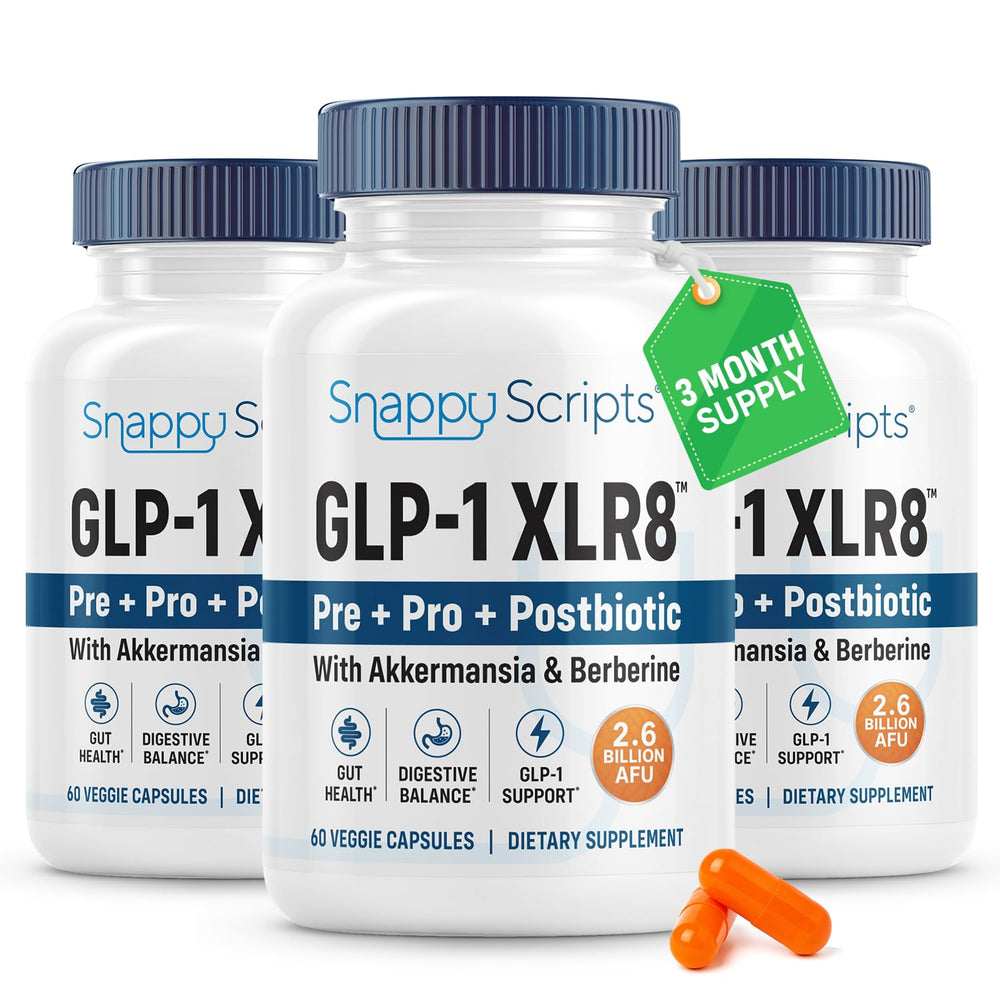 Snappy Scripts GLP-1 XLR8 bottle for on-the-go daily wellness.