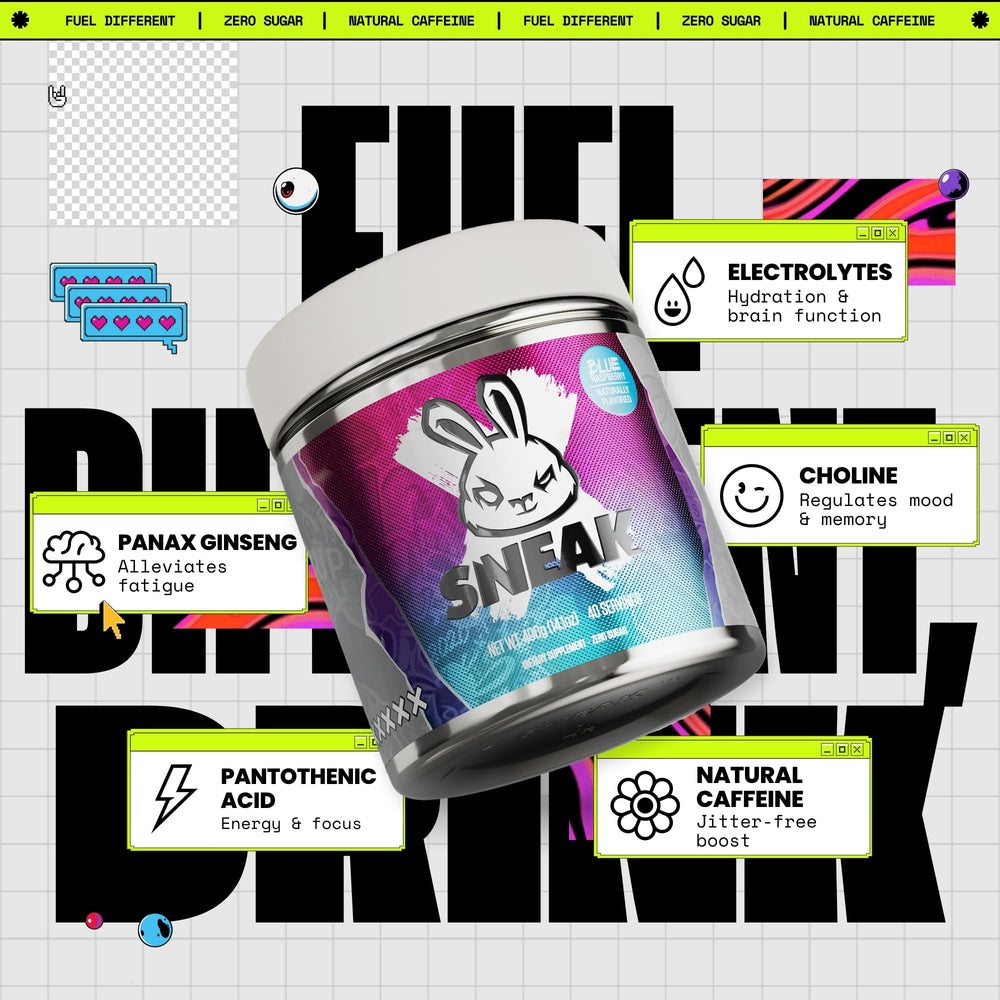 SNEAK Blue Raspberry tub open with powder ready to scoop energy boost.