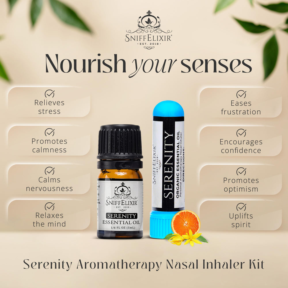 SniffElixir Serenity oil blend bottle: premium essential oil for mood support