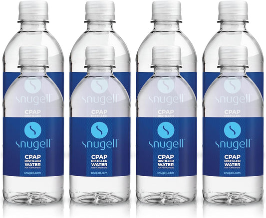 Snugell CPAP distilled water bottle 12oz, 8-pack, travel-ready for CPAP humidifiers.