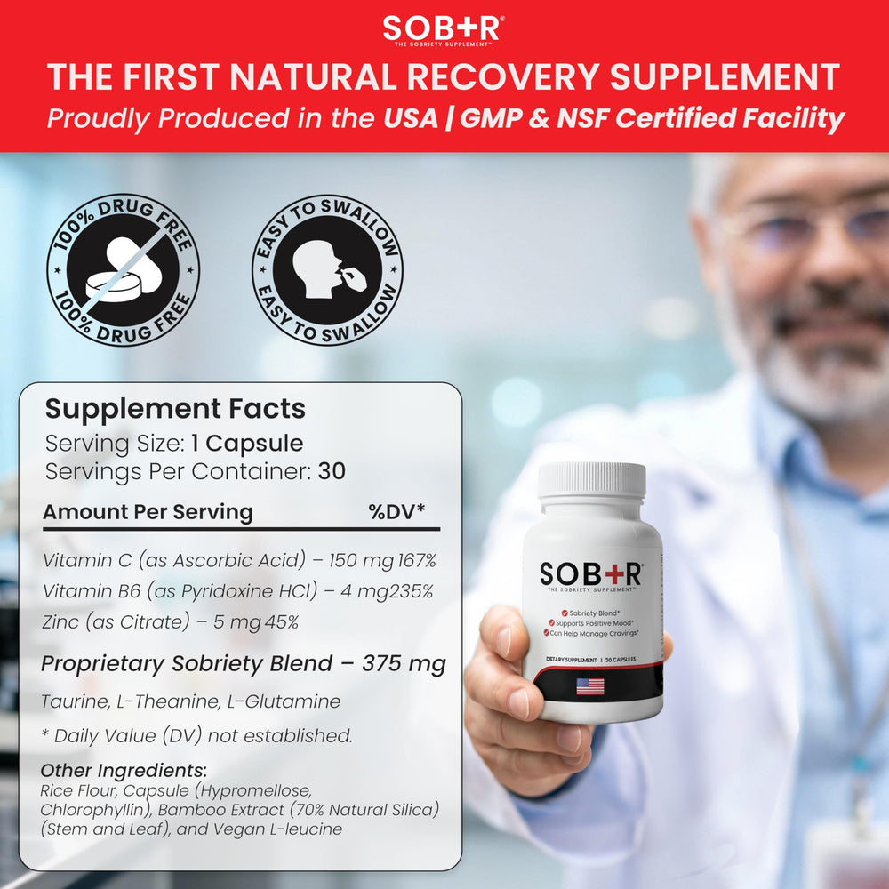 SOB+R capsules closeup shows vegetarian formula for mood and focus.