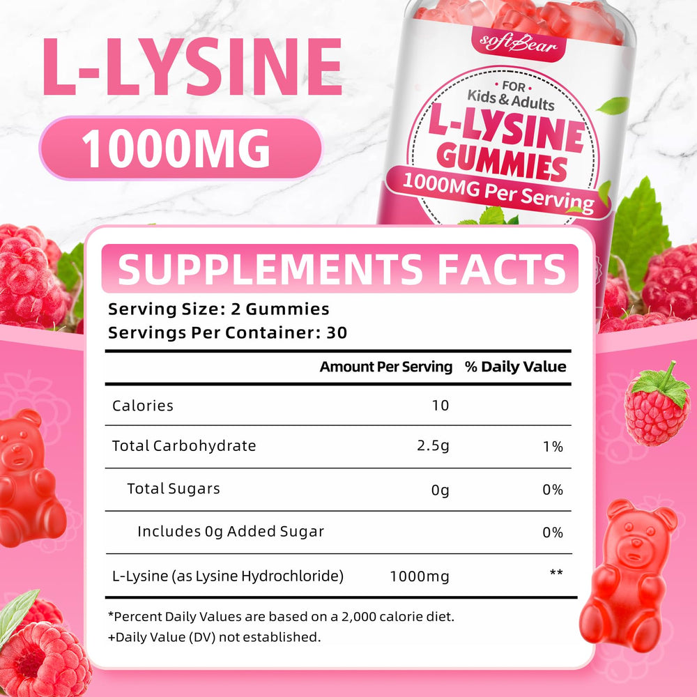 SoftBear L-Lysine Gummies Raspberry label emphasizes vegan, gluten-free formulation