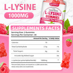 SoftBear L-Lysine Gummies Raspberry label emphasizes vegan, gluten-free formulation