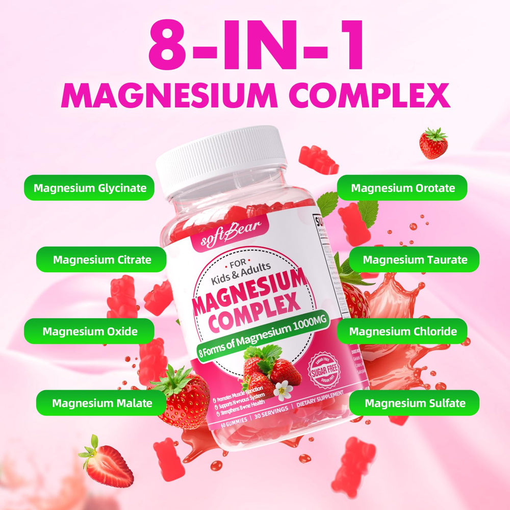 Pouring SoftBear gummies depicts convenient chewable magnesium for all ages.