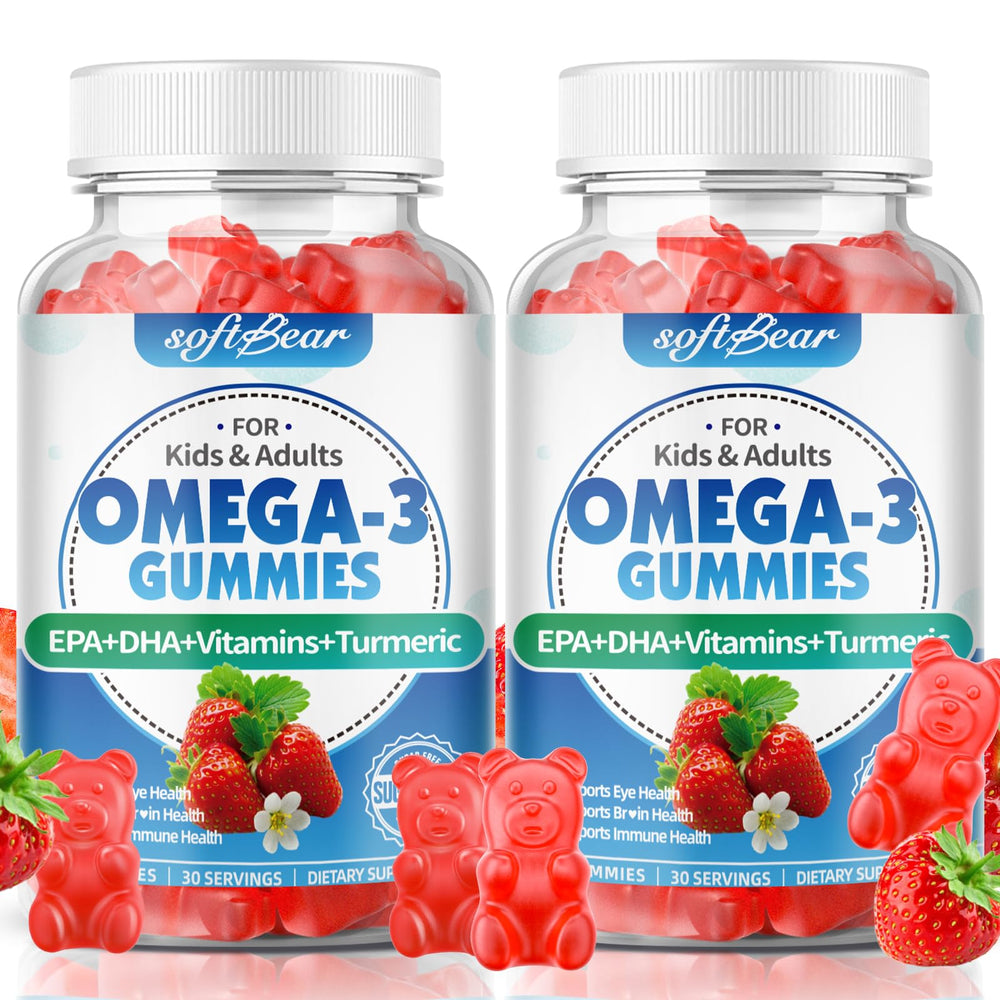 softbear Omega-3 Gummies bottle highlights a vegan EPA/DHA blend for eye and brain support