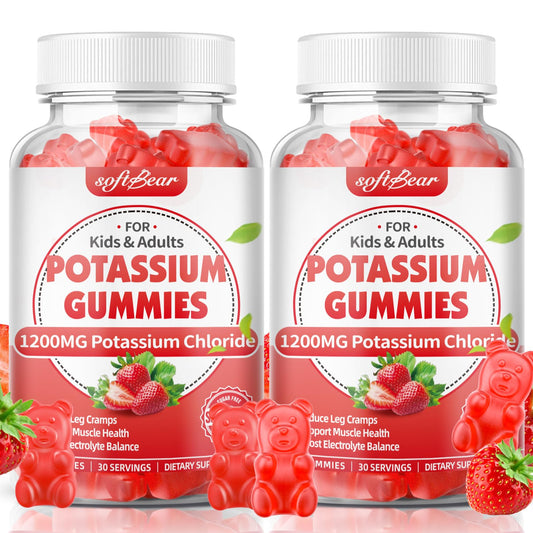 SoftBear Potassium Gummies bottle front showing 1200 mg dose for electrolyte support