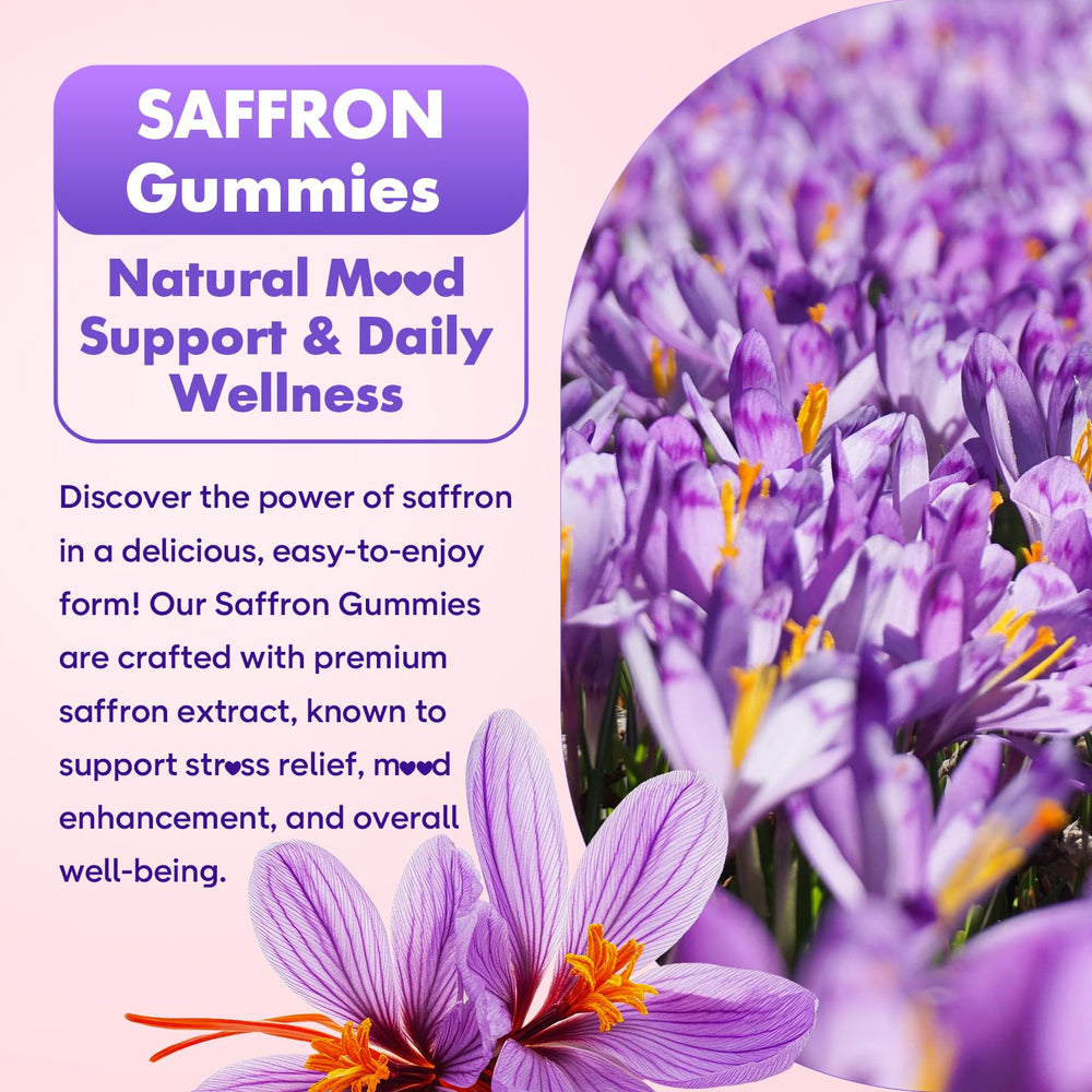 SoftBear saffron gummies for adults on a desk beside a notebook and beverage