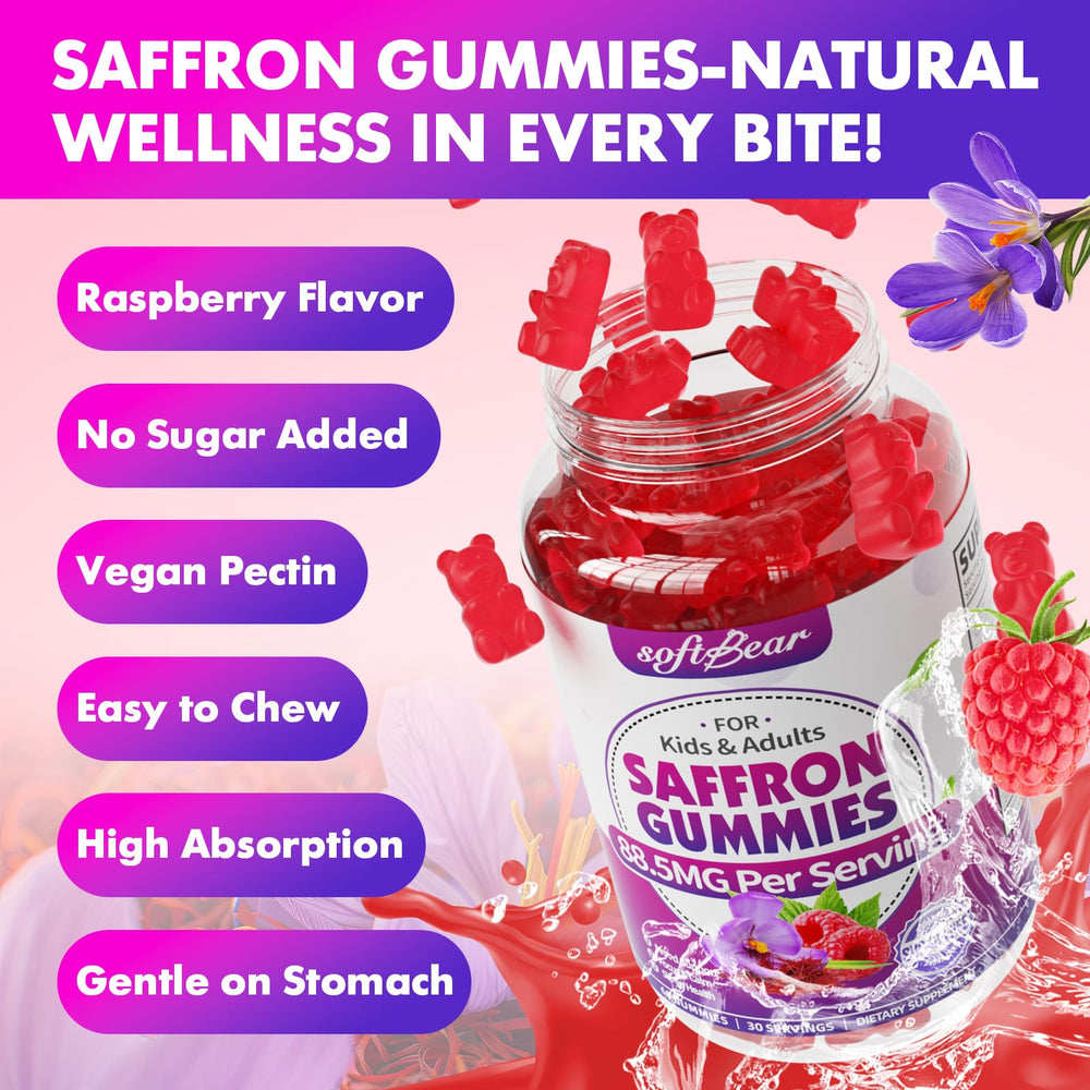 SoftBear saffron gummies kids-snack pack on kitchen counter for easy daily use.