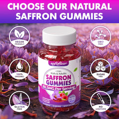 SoftBear saffron gummies on desk suggesting daytime focus support.