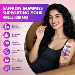 SoftBear saffron gummies raspberry-closeup emphasizes chewy texture and flavor.