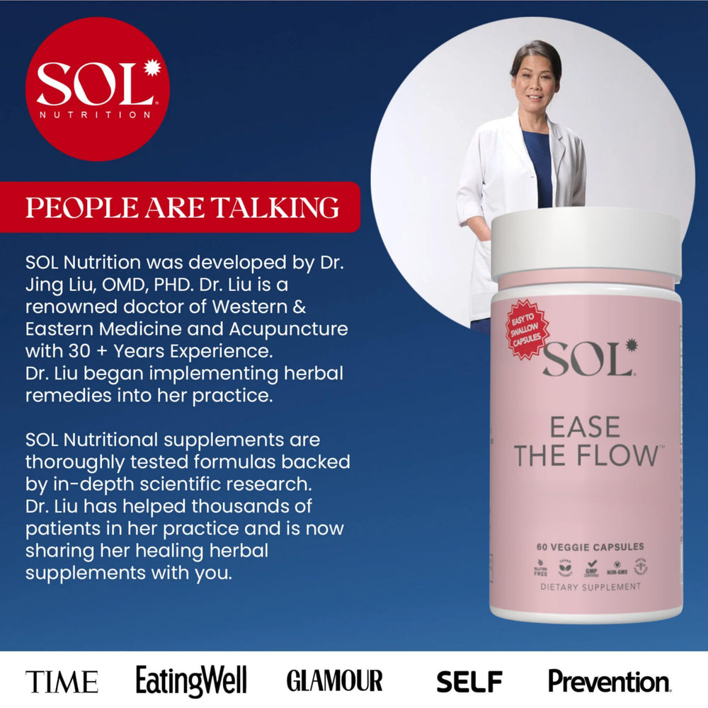 Sol Nutrition Ease the Flow capsules being dispensed for easy dosing during cramps.