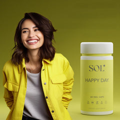 Illustration of Sol Nutrition Happy Day ingredients featuring Collective Happiness Bark, astragalus, and gingko.
