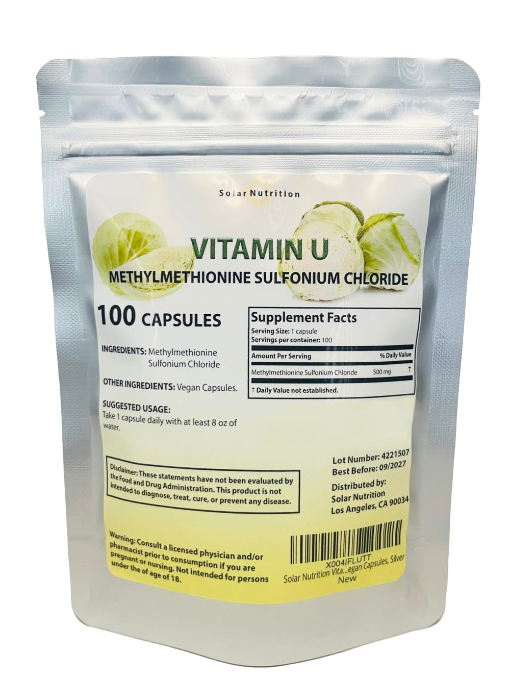 Solar Nutrition Vitamin U bottle with 500 mg capsules for daily wellness