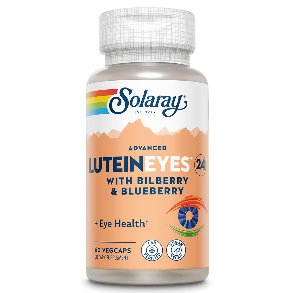 SOLARAY Advanced Lutein Eyes 24 mg bottle front showing product branding and packaging for daily eye support