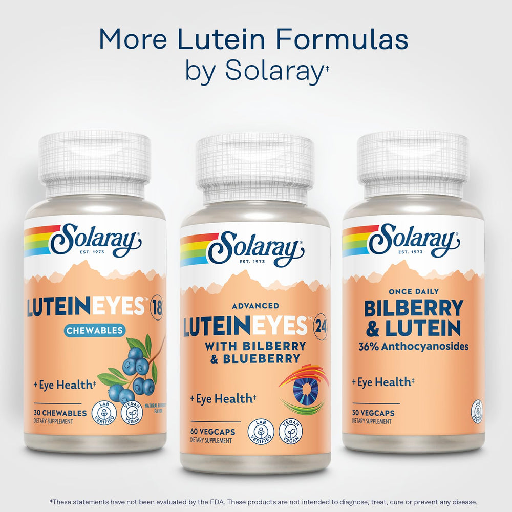 SOLARAY Advanced Lutein Eyes 24 mg lab tested seal indicating purity and potency