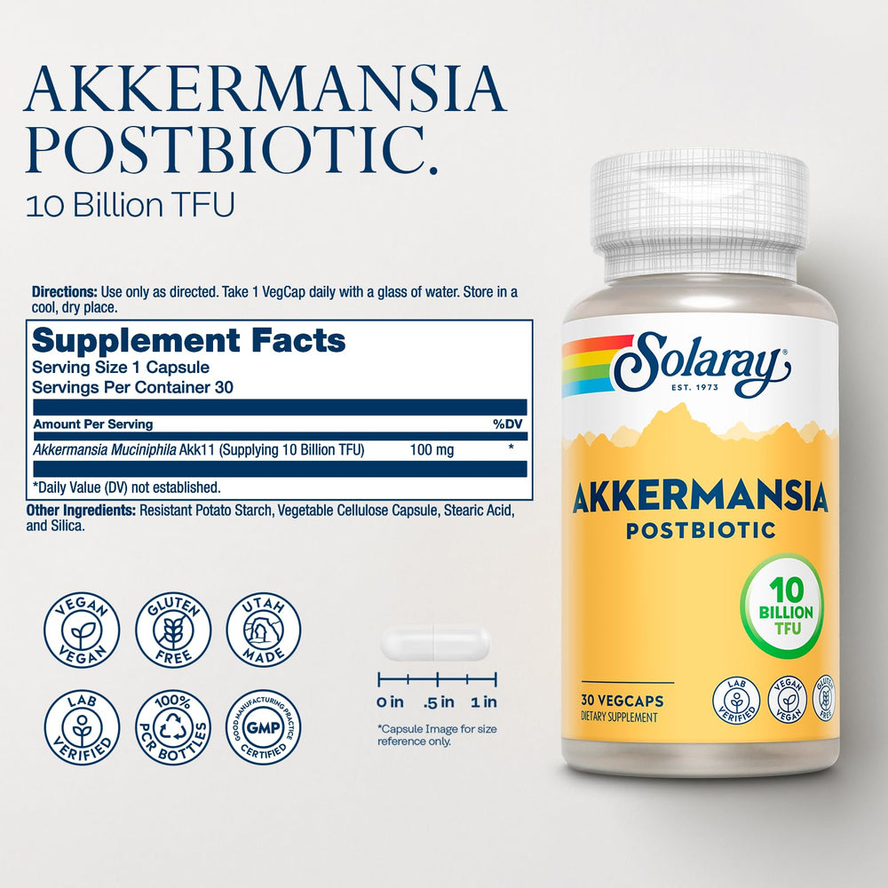 Solaray Akkermansia capsules on label promoting gut health.