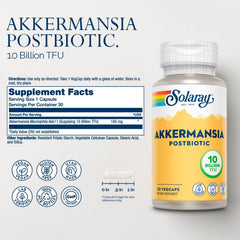 Solaray Akkermansia capsules on label promoting gut health.