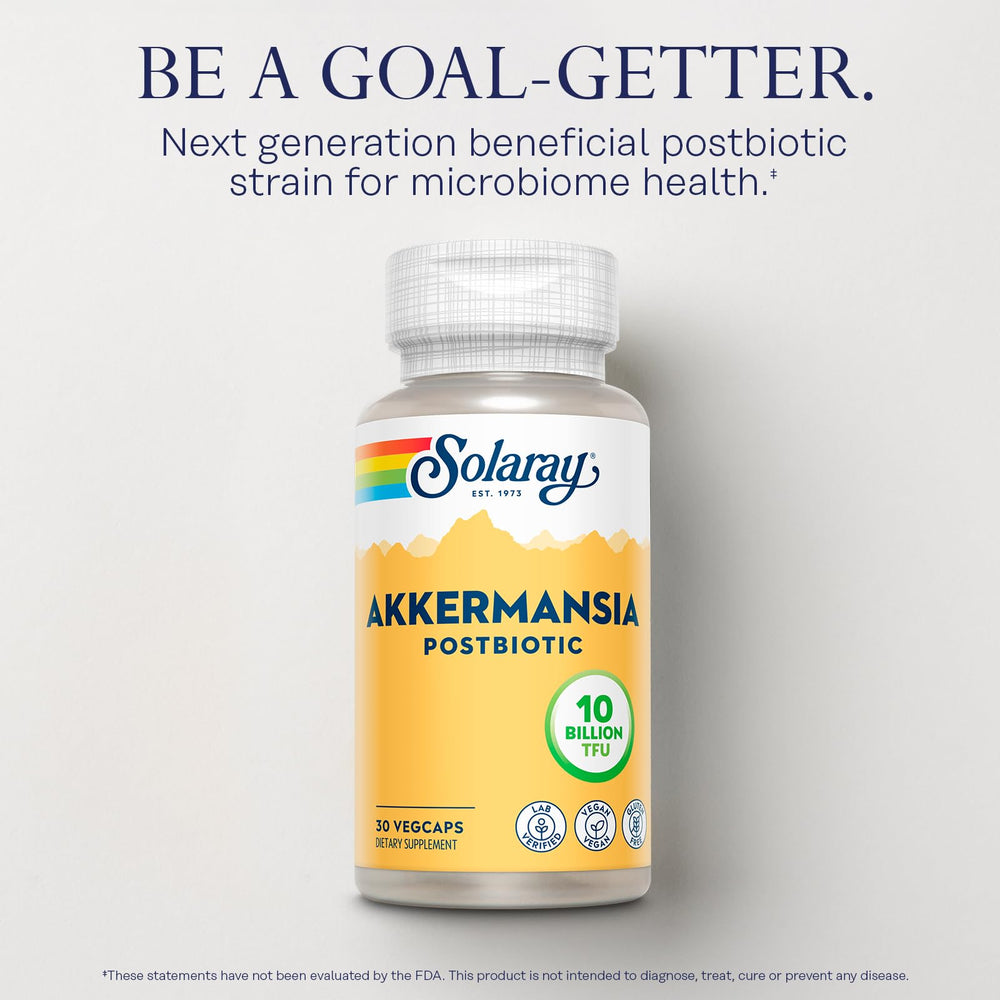 Solaray Akkermansia label close-up showing vegan and gluten-free attributes.