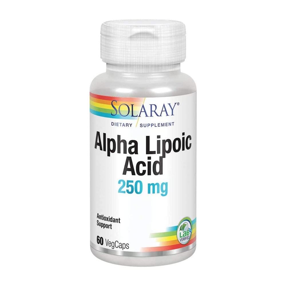 SOLARAY Alpha Lipoic Acid 250 mg vegcaps in bottle for antioxidant support.