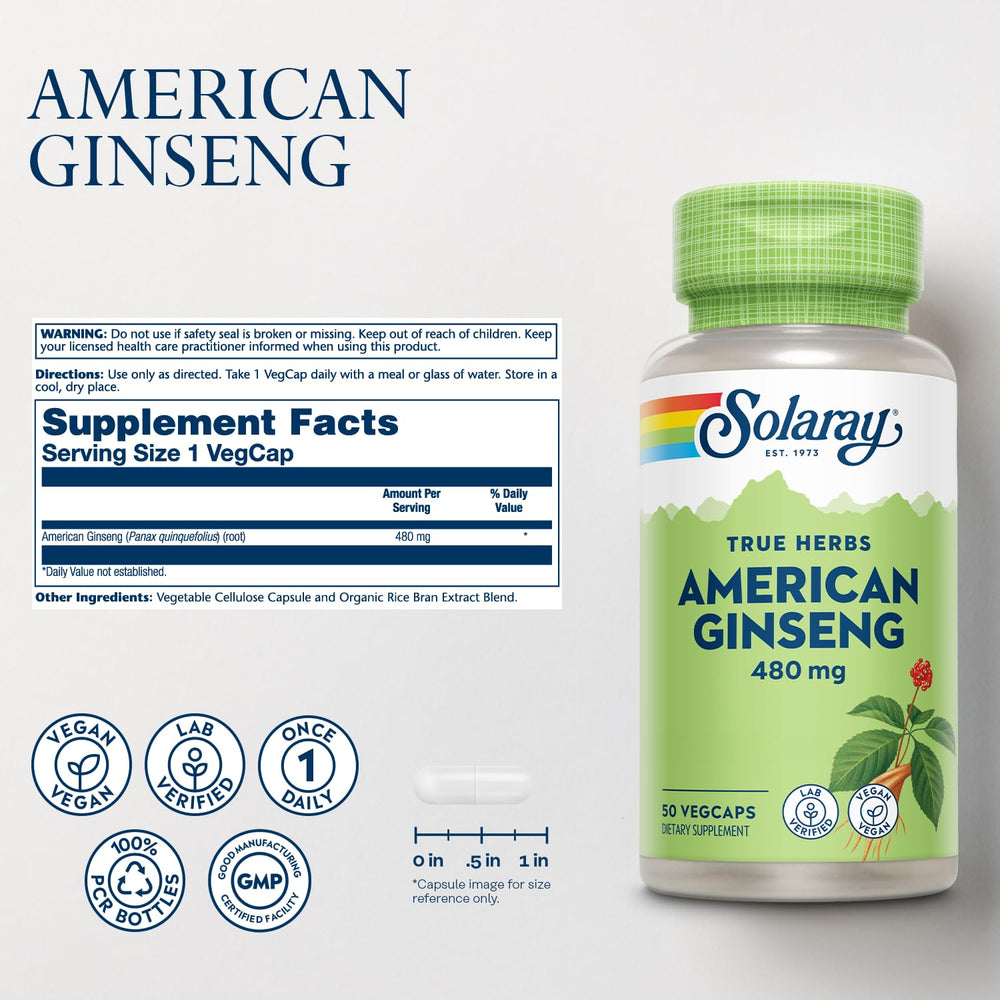 SOLARAY American Ginseng 480 mg label close-up highlights natural ingredients.
