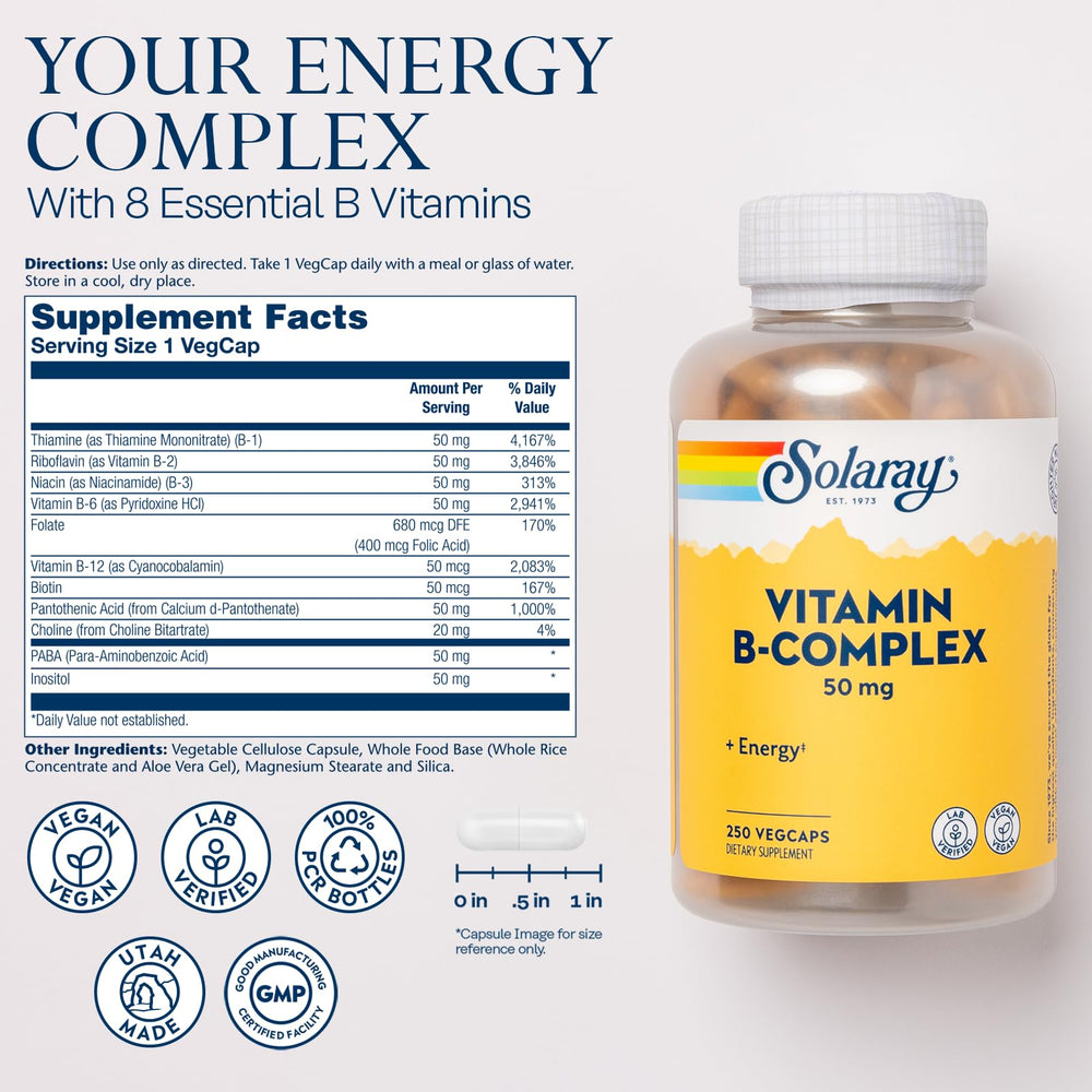 SOLARAY B Complex vegcaps closeup showing easy daily energy support.