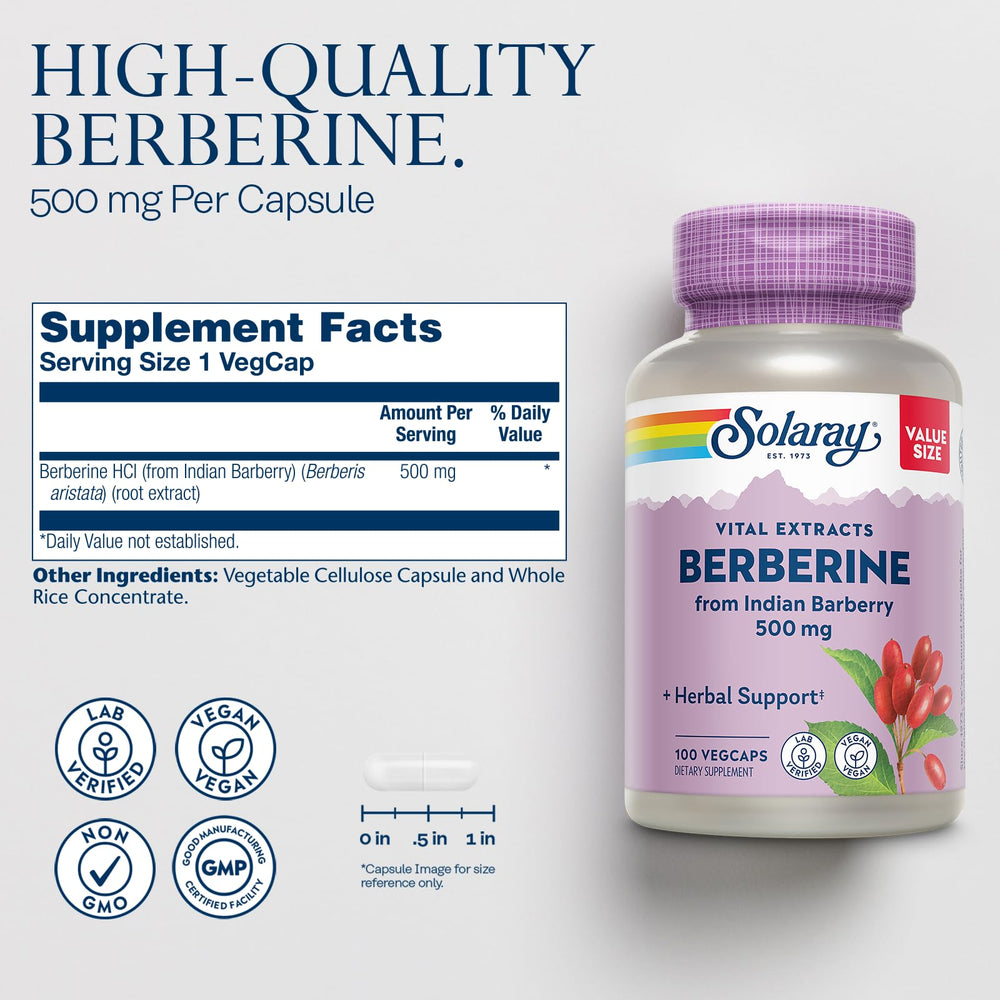 SOLARAY Berberine 500mg bottle pour reveals convenient daily capsules for active lifestyles.