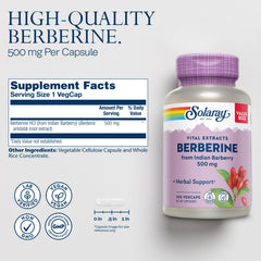 SOLARAY Berberine 500mg bottle pour reveals convenient daily capsules for active lifestyles.