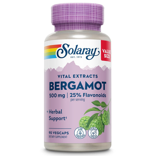 SOLARAY Bergamot 500 mg bottle label shows standardization and flavonoid content for informed use.