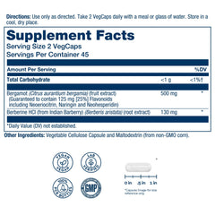 SOLARAY Bergamot 500 mg bottle packaging designed for easy daily supplementation.
