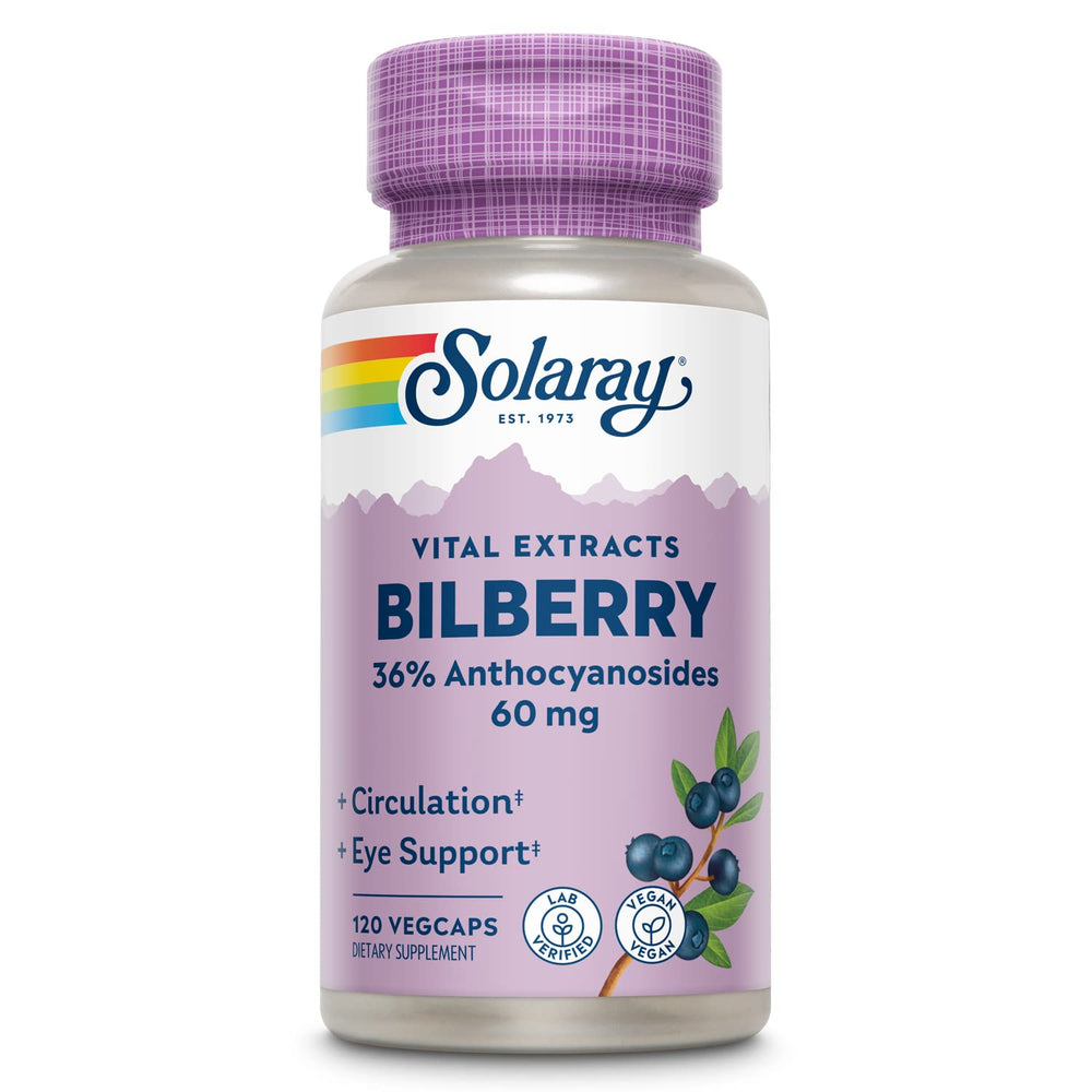 Solaray Bilberry bottle front close-up highlighting eye support potential