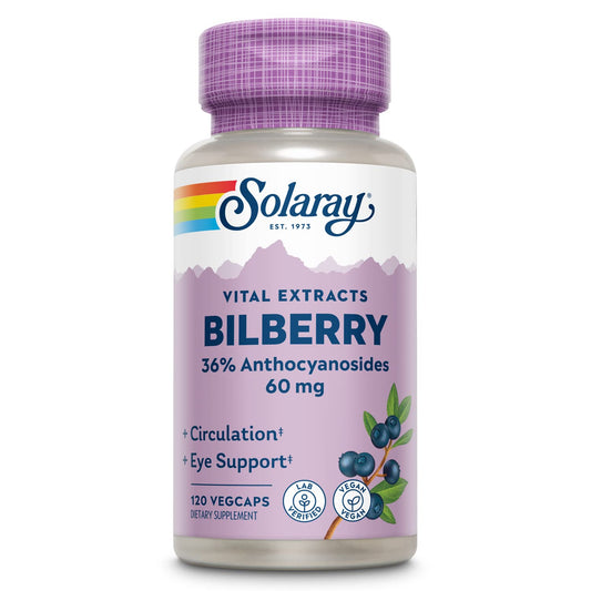 Solaray Bilberry bottle front close-up highlighting eye support potential