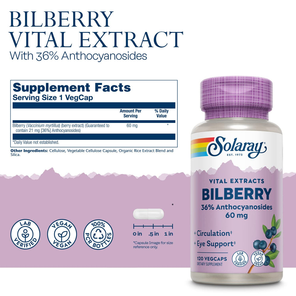 Solaray Bilberry eco-packaging on display indicating recycled bottles