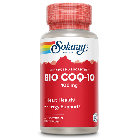 SOLARAY Bio CoQ-10 100 mg bottle front view highlighting enhanced absorption.