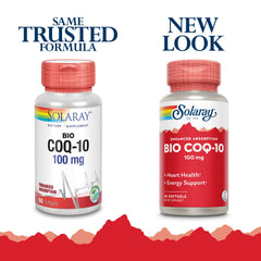 SOLARAY CoQ-10 label close-up showing vitamins A and E for added support.
