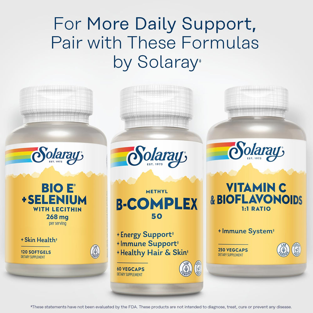 Graphic shows Solaray Vitamin E and selenium benefits in the blend.