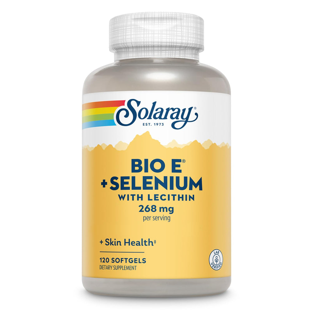 Solaray Bio E with Selenium bottle front view highlights high-potency vitamin E softgels.