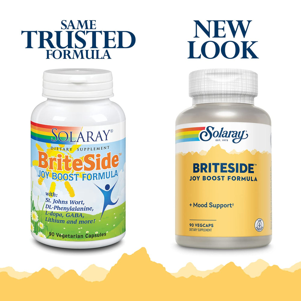 SOLARAY BriteSide capsules close-up highlighting key ingredients like St John’s Wort and DLPA.