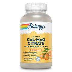 Solaray Cal-Mag Citrate Plus D-3 & K-2 orange chewables bottle highlighting daily bone support with citrus flavor.