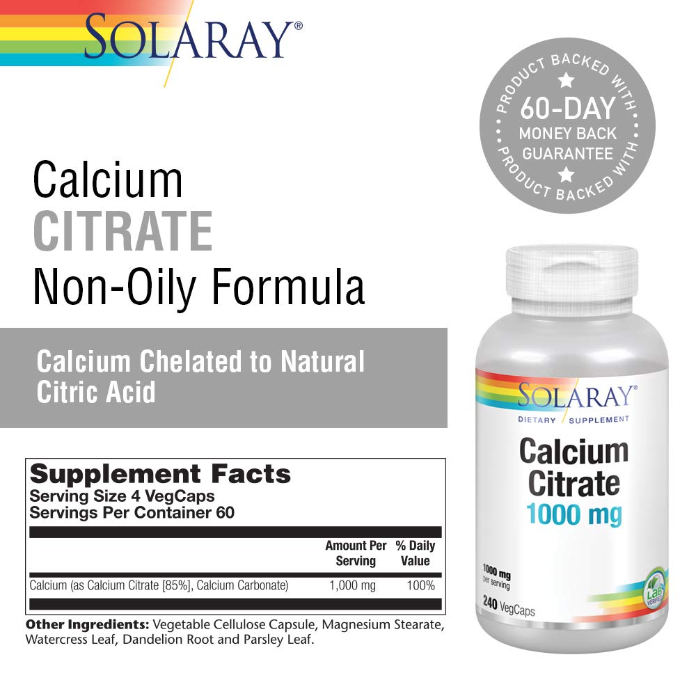 SOLARAY Calcium Citrate VegCaps bottle side view highlighting capsules