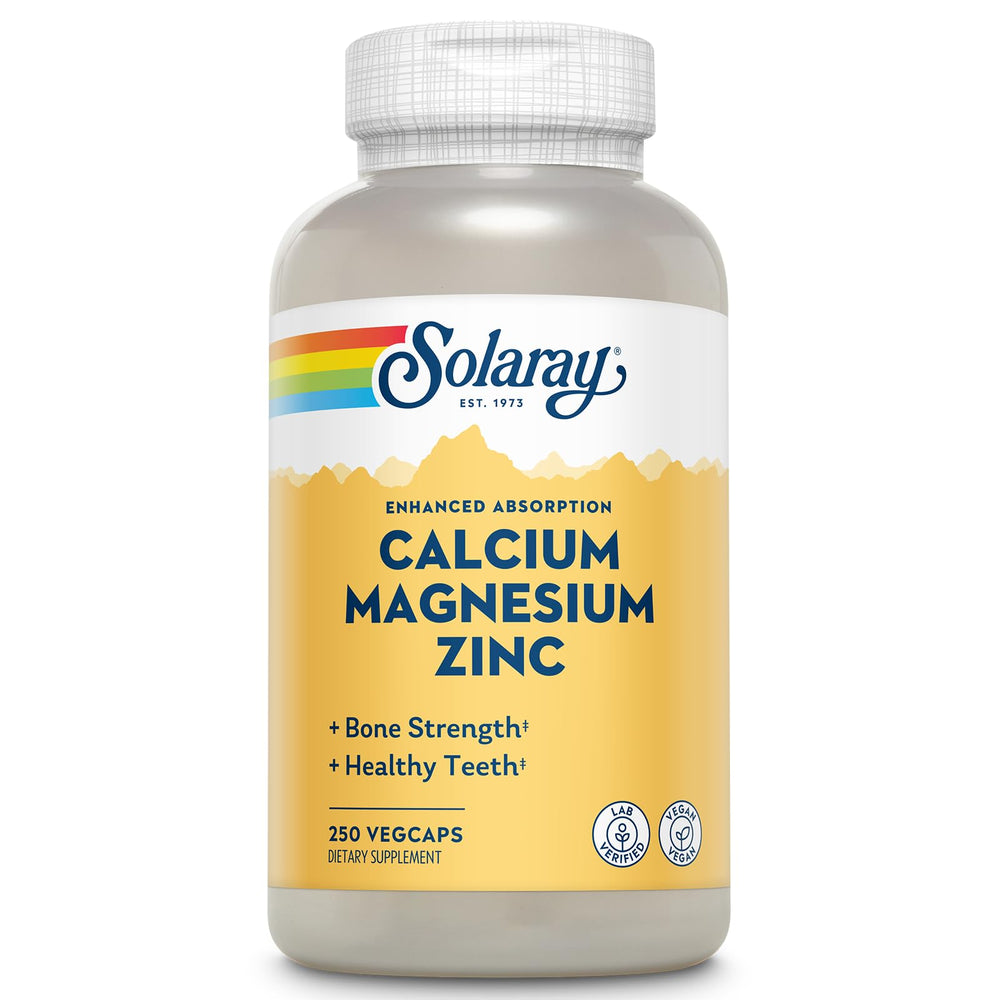 SOLARAY Calcium Magnesium Zinc bottle label highlights bone support and wellness