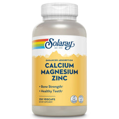 SOLARAY Calcium Magnesium Zinc bottle label highlights bone support and wellness