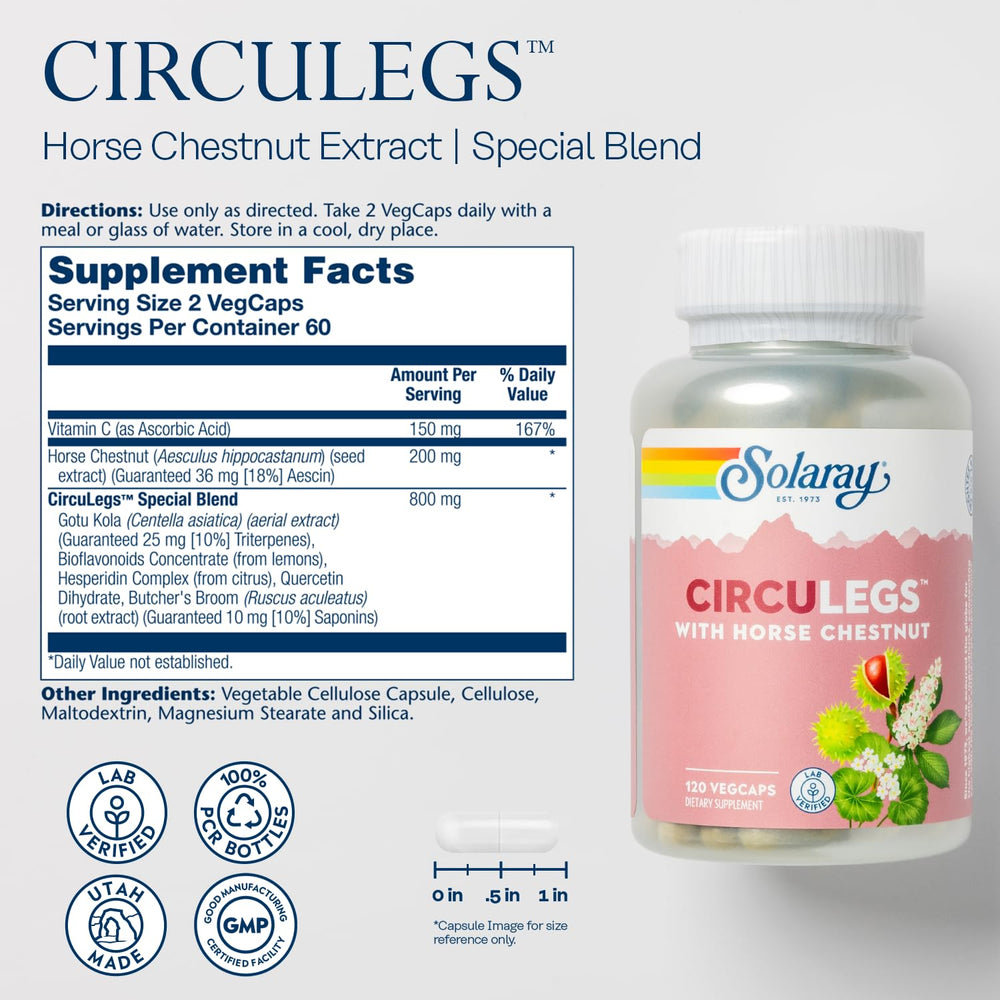 SOLARAY CircuLegs bottle featuring butcher's broom for vein-friendly use