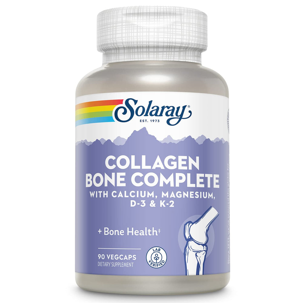 SOLARAY Collagen Bone Complete bottle on shelf supports overall bone health.