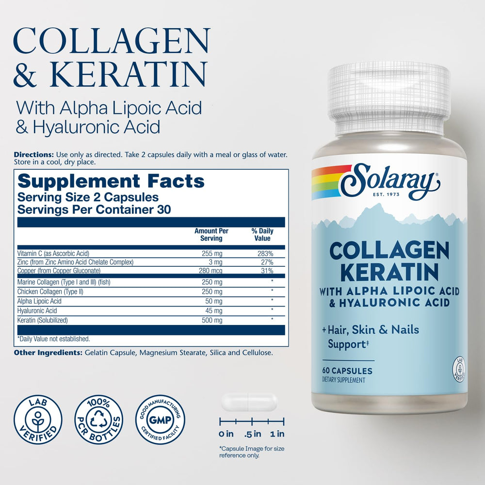 SOLARAY Collagen Keratin label preview shows key nutrients for collagen synthesis
