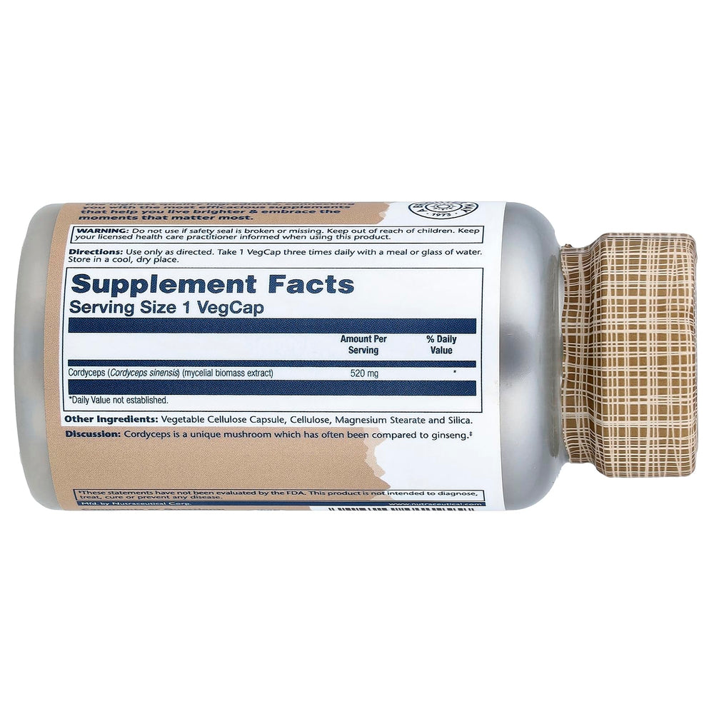 SOLARAY Cordyceps bottle back label displays tested quality and ingredients