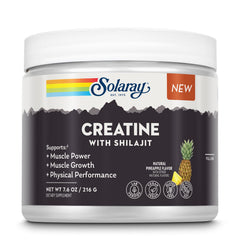 SOLARAY Creatine with Shilajit pineapple bottle highlighting a tasty, convenient workout enhancer.