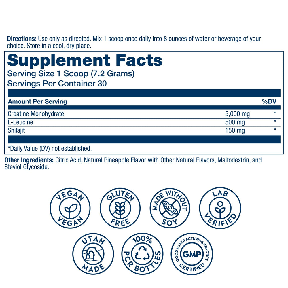 SOLARAY Creatine with Shilajit powder scoop shows easy daily dosing for strength support.